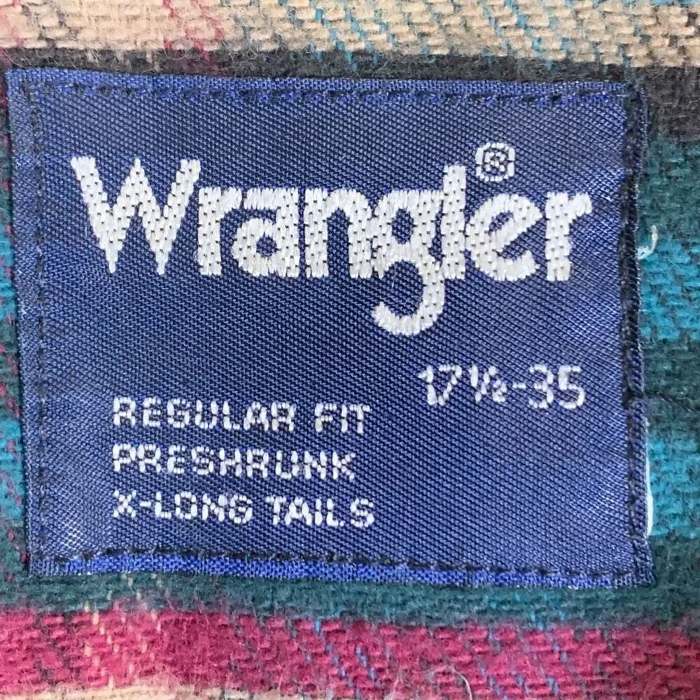 Wrangler Mens Size 17.5 Button Front Shirt Green Red Plaid Long Tails Pocket